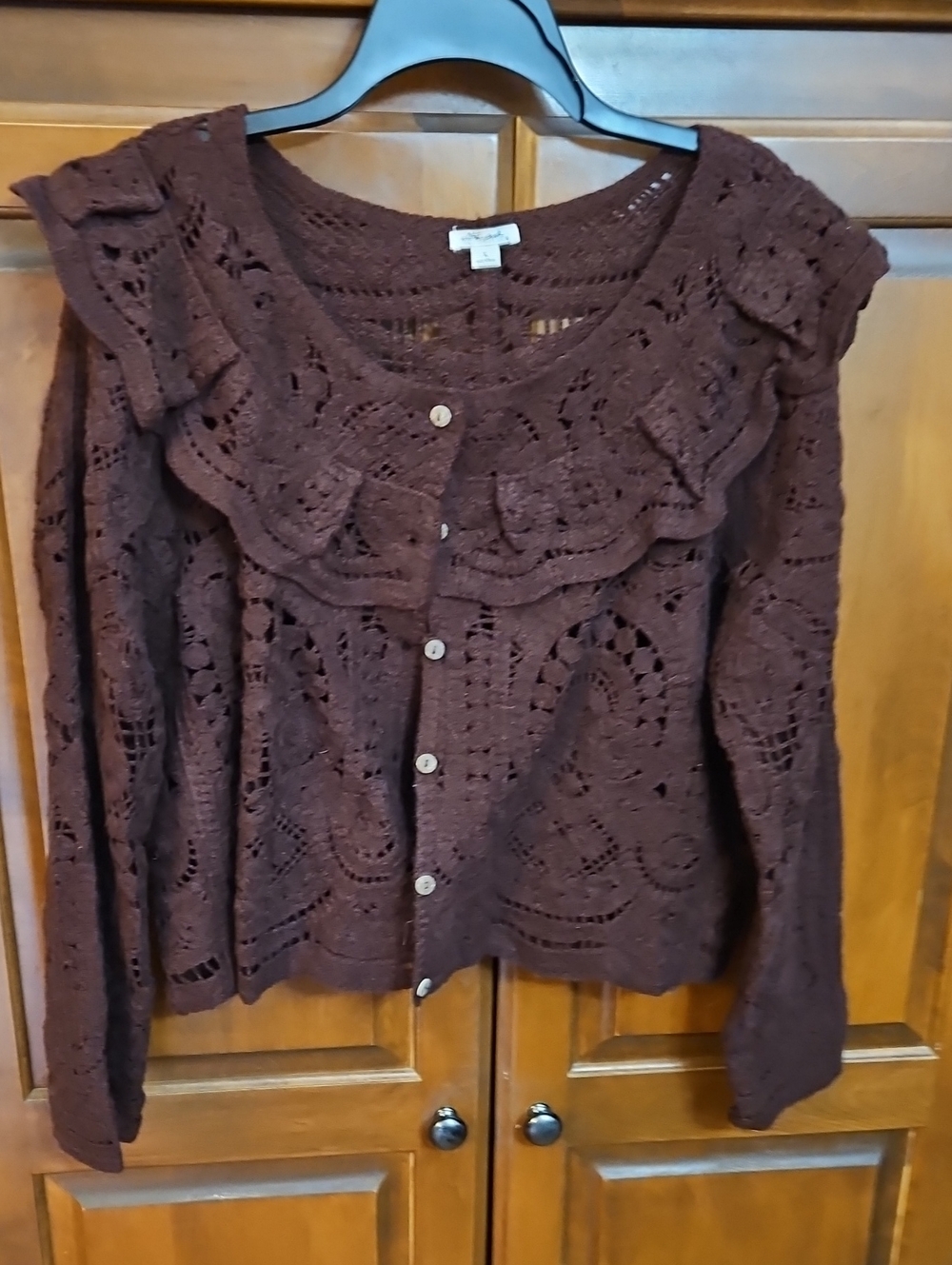 Ultra Pink Crochet Ruffle-Trim Cardigan - Dark Brown